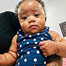 Sevyn joined the competition — help win amazing prizes! baby, child, polka_dot, blue_clothing, bow, tattoo, arm, indoor, person, cute, infant, curious, skin, face, portrait, holding, sleeveless, fingertip, expression, human