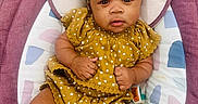 Sevyn is registered to the contest to win money with this photo: baby, infant, child, polka_dot, yellow_dress, flower_hair_accessory, pink_baby_seat, cushion, indoor, person, cute, portrait, skin, feet, hands, head, expression, relaxing, clothing, baby_seat