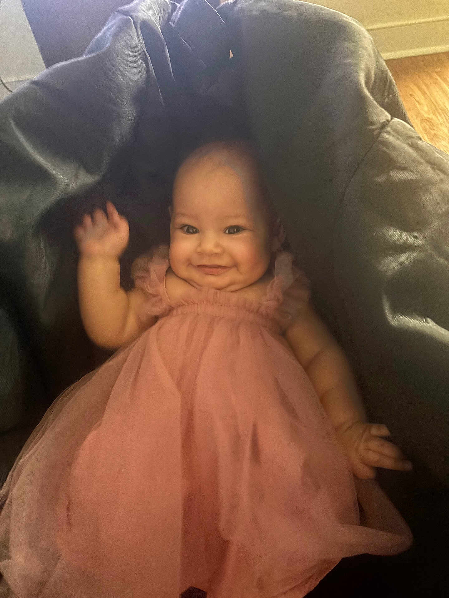 Melody joined the competition — help win amazing prizes! baby, smile, pink_dress, blanket, happy, infant, child, cute, waving, soft, portrait, indoors, cozy, fabric, tulle, person, chubby_cheeks, skin, light, warm