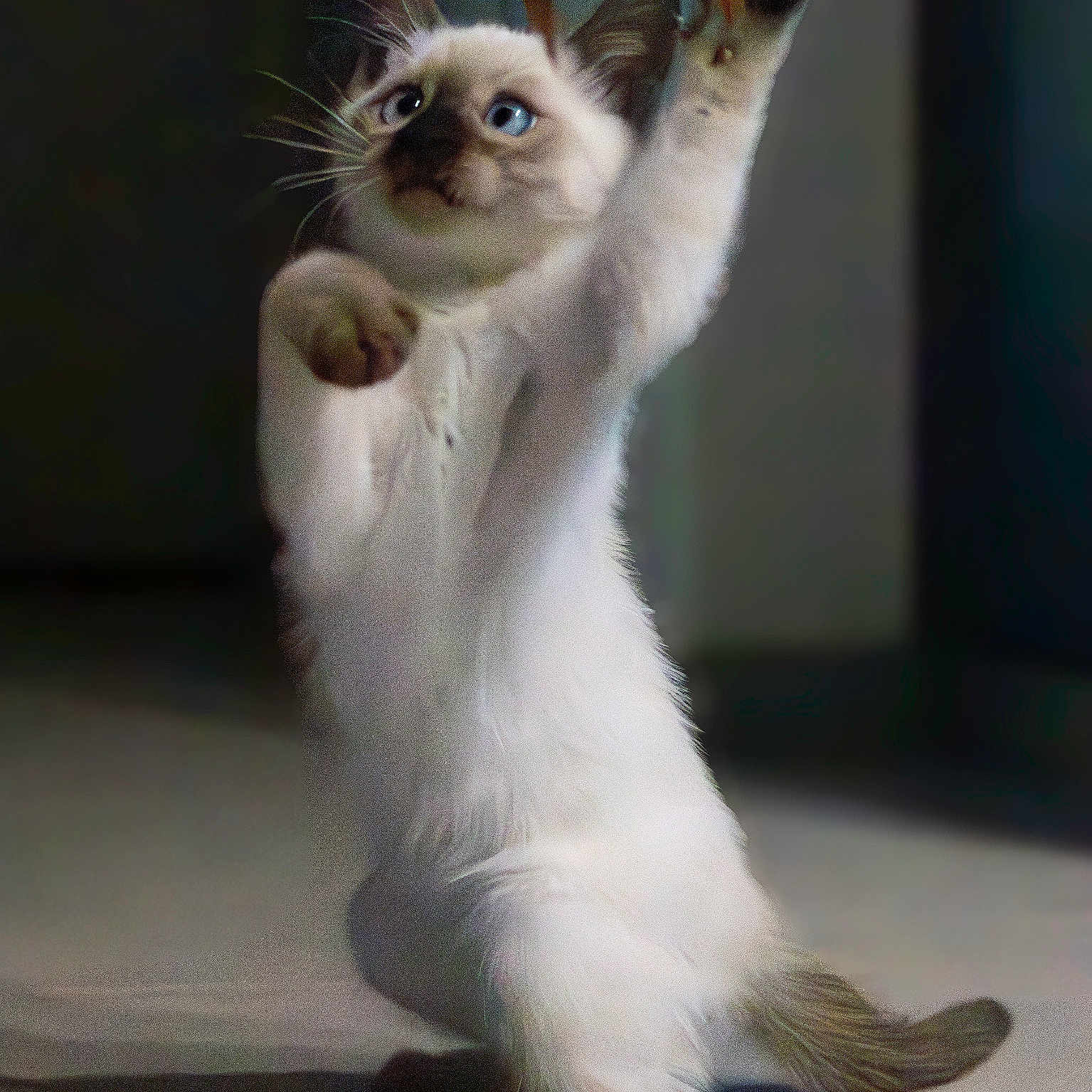 Nala participe au concours pour gagner de l'argent avec cette photo : animal, blue_eyes, cat, curious, cute, feline, focused, fur, hind_legs, indoor, mammal, paw, pet, playful, shadow, standing, tail, whiskers, white_cat, young_cat