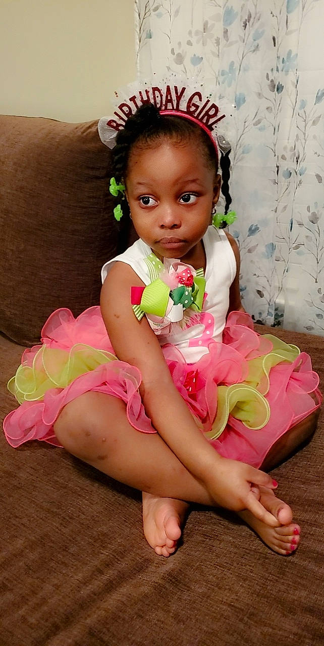 Aubri  joined the competition — help win amazing prizes! baby, baby_toddler_clothing, barefoot, cheek, child, dress, eye, face, foot, fun, hair, happy, head, human_leg, magenta, person, petal, pink, skin, thigh