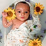 baby, infant, flower, sunflower, water, milky_water, wrapped, cloth, floating, portrait, cute, peaceful, skin, face, eyes, flower_bath, baby_bath, nature, relaxation, small_child