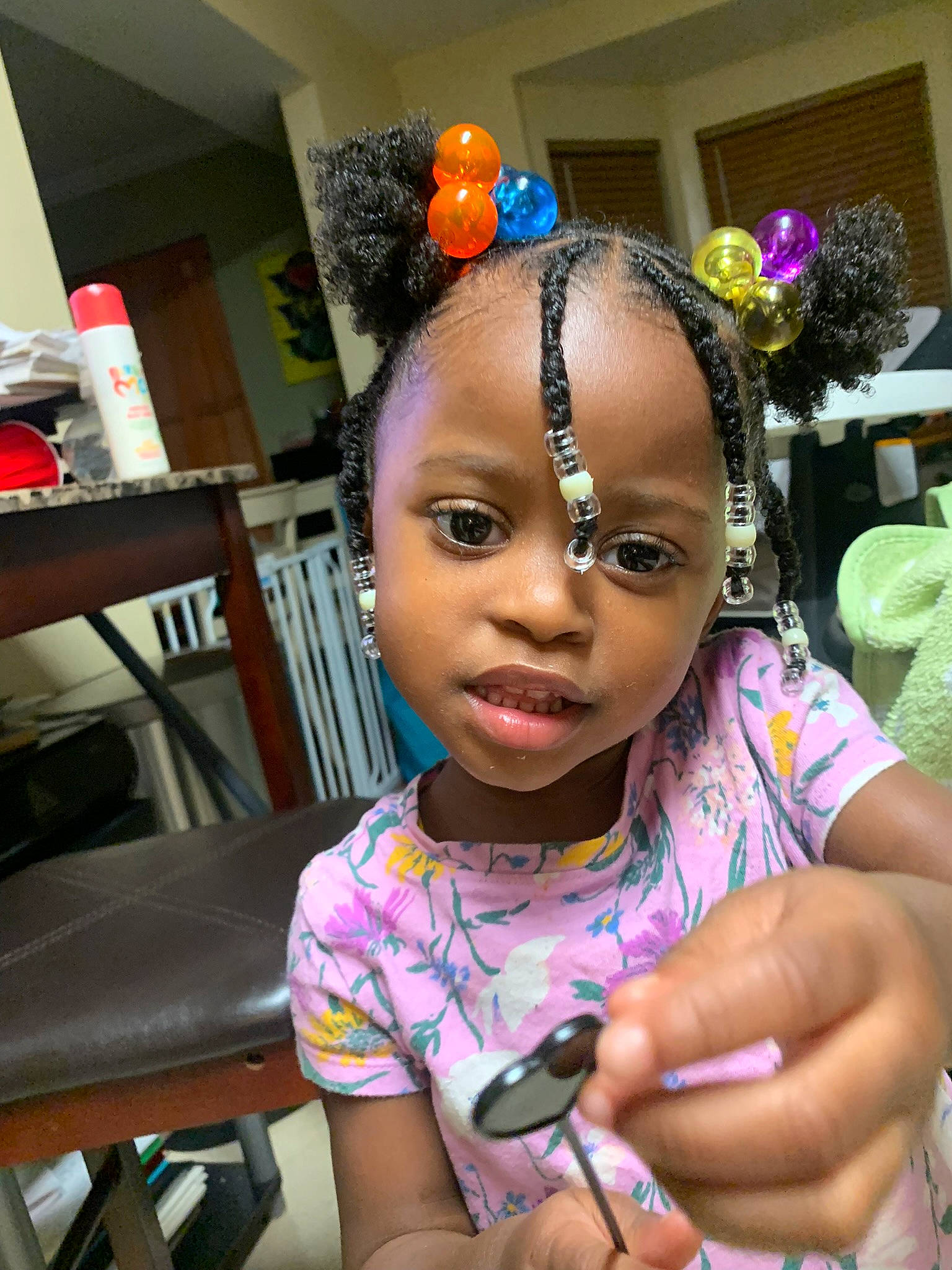 Janai joined the competition — help win amazing prizes! black_hair, bracelet, camera, chair, child, event, eyelash, fashion_accessory, fun, happy, jewellery, magenta, nail, necklace, person, pink, purple, skin, snapshot, t_shirt