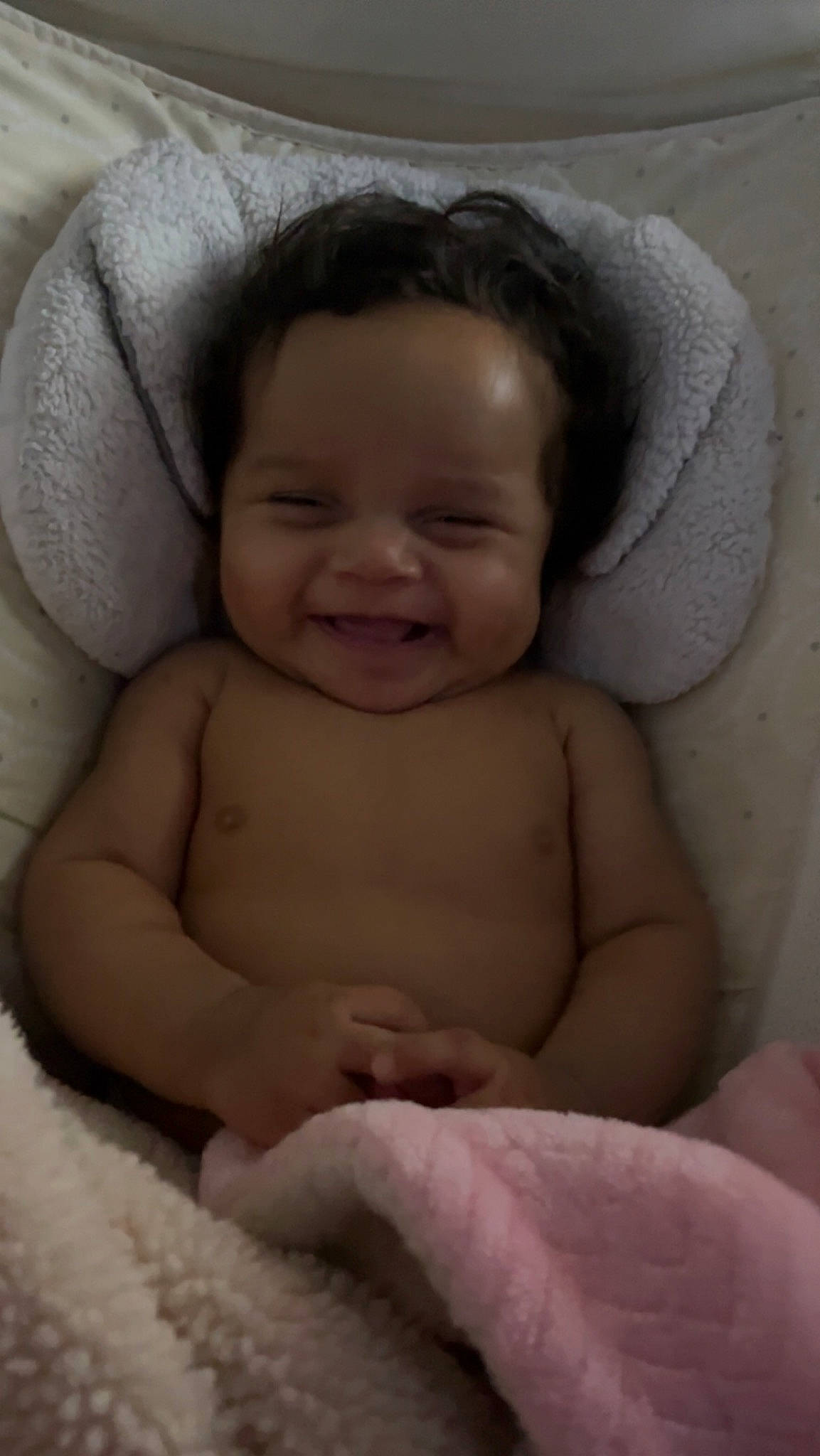 Xavianna is registered to the contest to win money with this photo: baby, cheek, chest, child, chin, close_up, comfort, eye, eyebrow, flesh, fun, fur, happy, iris, joy, linens, person, portrait_photography, skin, smile