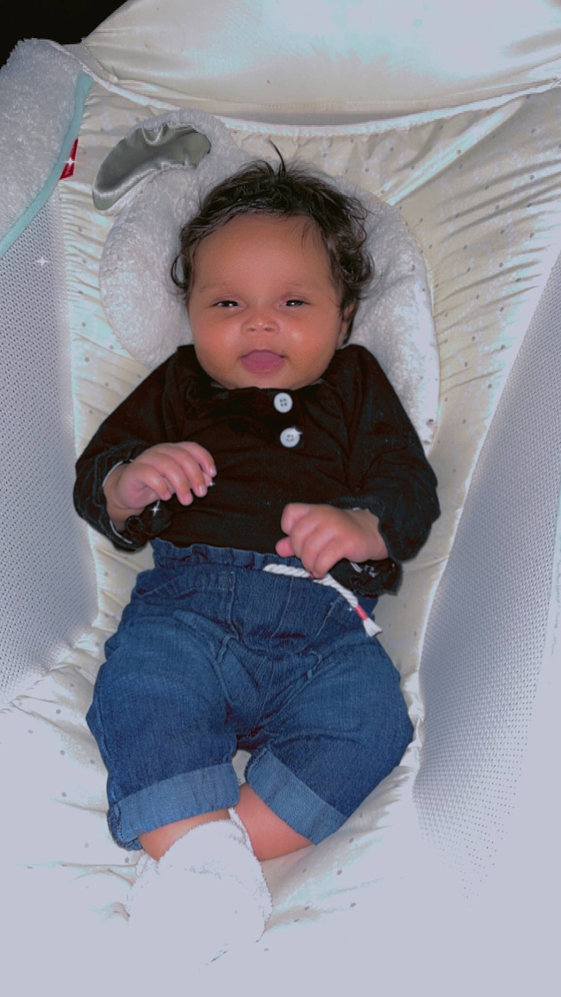 Xavianna joined the competition — help win amazing prizes! baby, baby_products, baby_toddler_clothing, cheek, child, comfort, denim, electric_blue, fun, human_body, knee, linens, mouth, pattern, person, sitting, skin, sleeve, stomach, t_shirt