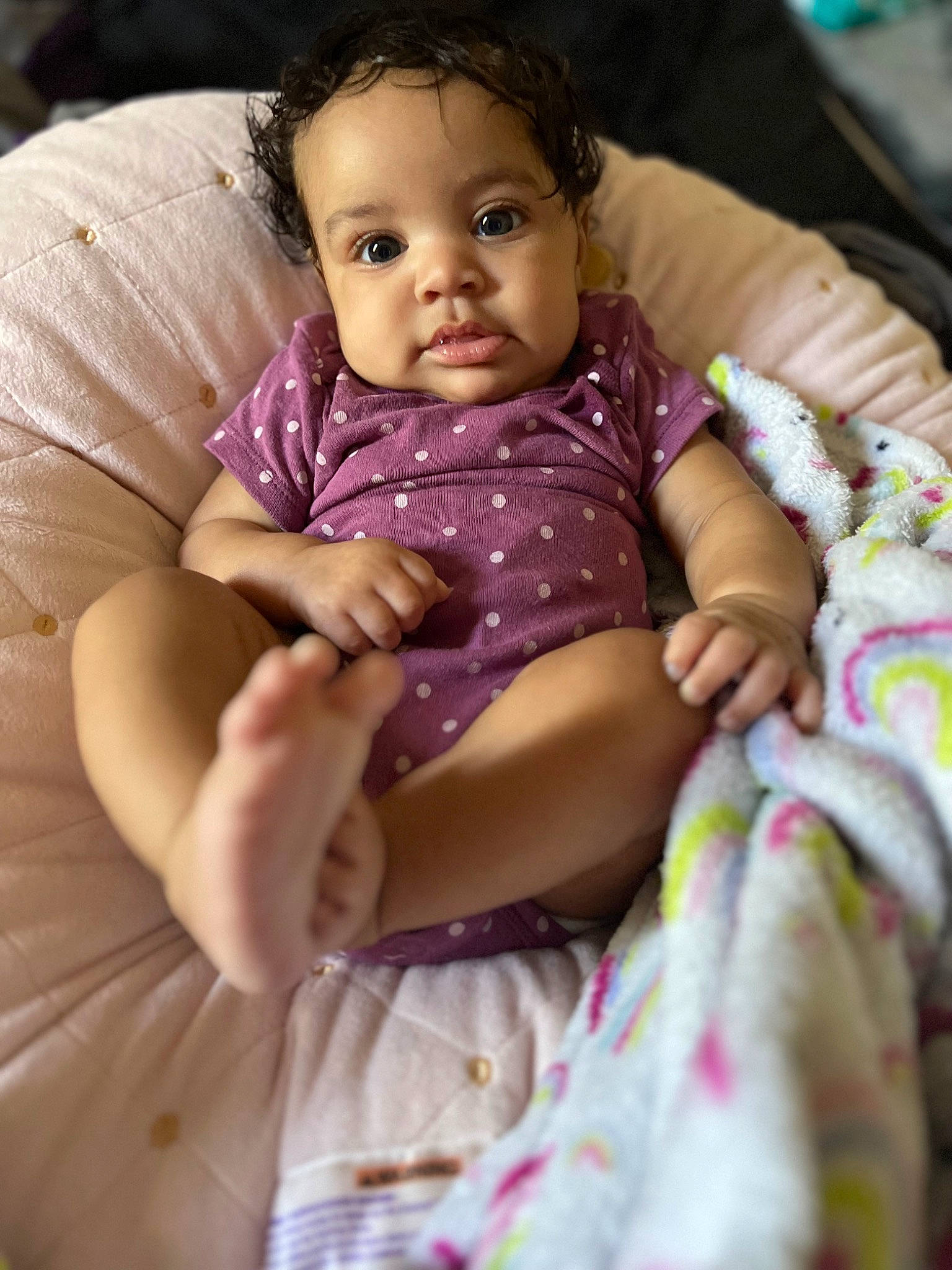 Khloe joined the competition — help win amazing prizes! baby, baby_toddler_clothing, cheek, comfort, eye, face, finger, fun, gesture, hair, hairstyle, happy, head, iris, lip, person, pink, purple, skin, smile