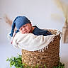 newborn, baby, sleeping, basket, blue_hat, blue_outfit, blanket, woven_basket, greenery, plant, soft_lighting, studio, portrait, infant, cute, peaceful, resting, cozy, headwear, child