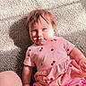 Adaline joined the competition — help win amazing prizes! baby, infant, child, pink_clothing, cherry_pattern, carpet, indoor, sunlight, shadow, cute, portrait, toddler, person, soft_light, casual, short_sleeves, skin, hand, face, hair