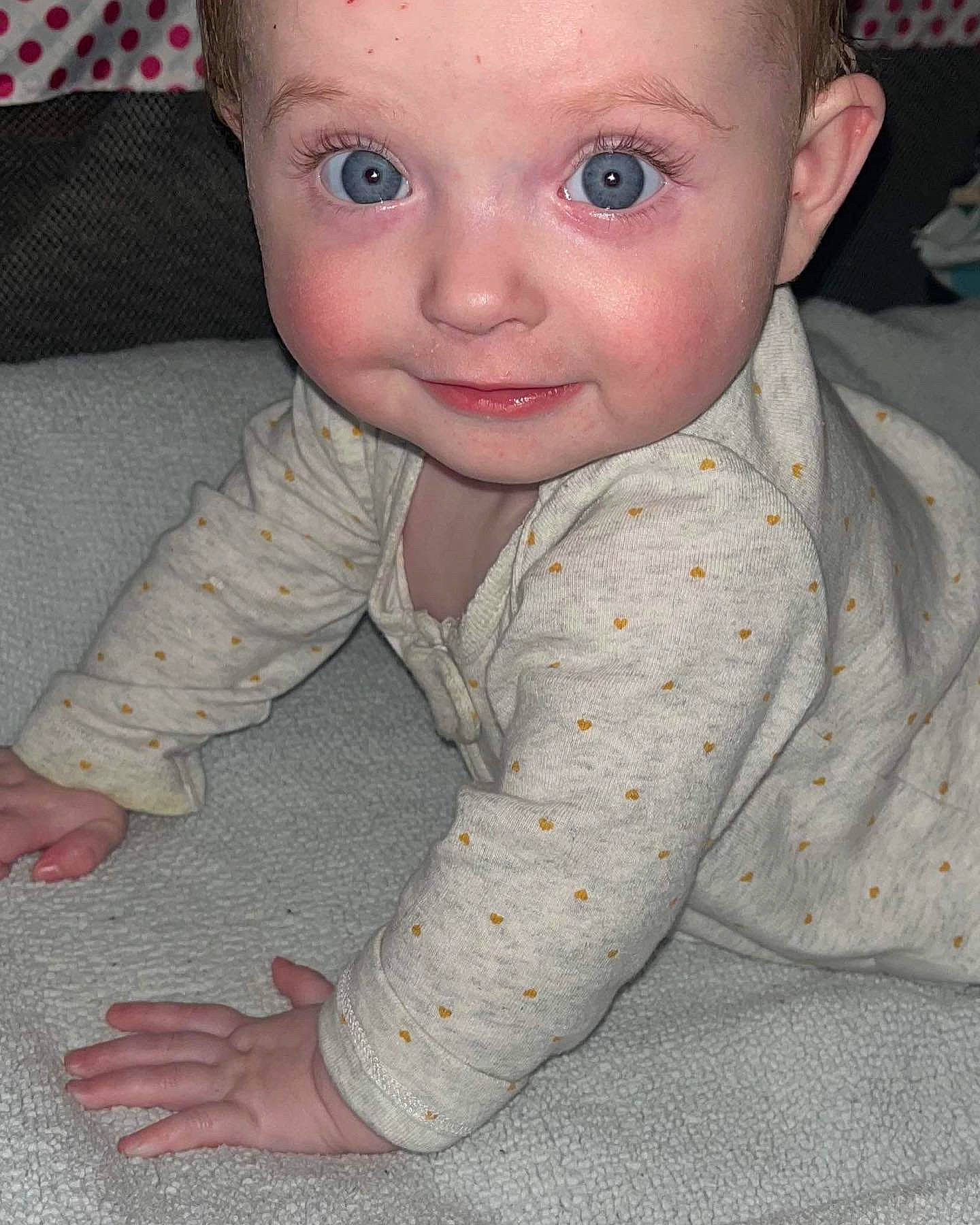 Morgan joined the competition — help win amazing prizes! baby_crawling, baby_toddler_clothing, cheek, chin, comfort, eye, eyebrow, facial_expression, finger, flooring, head, headwear, iris, lip, mouth, nose, organ, person, skin, sleeve