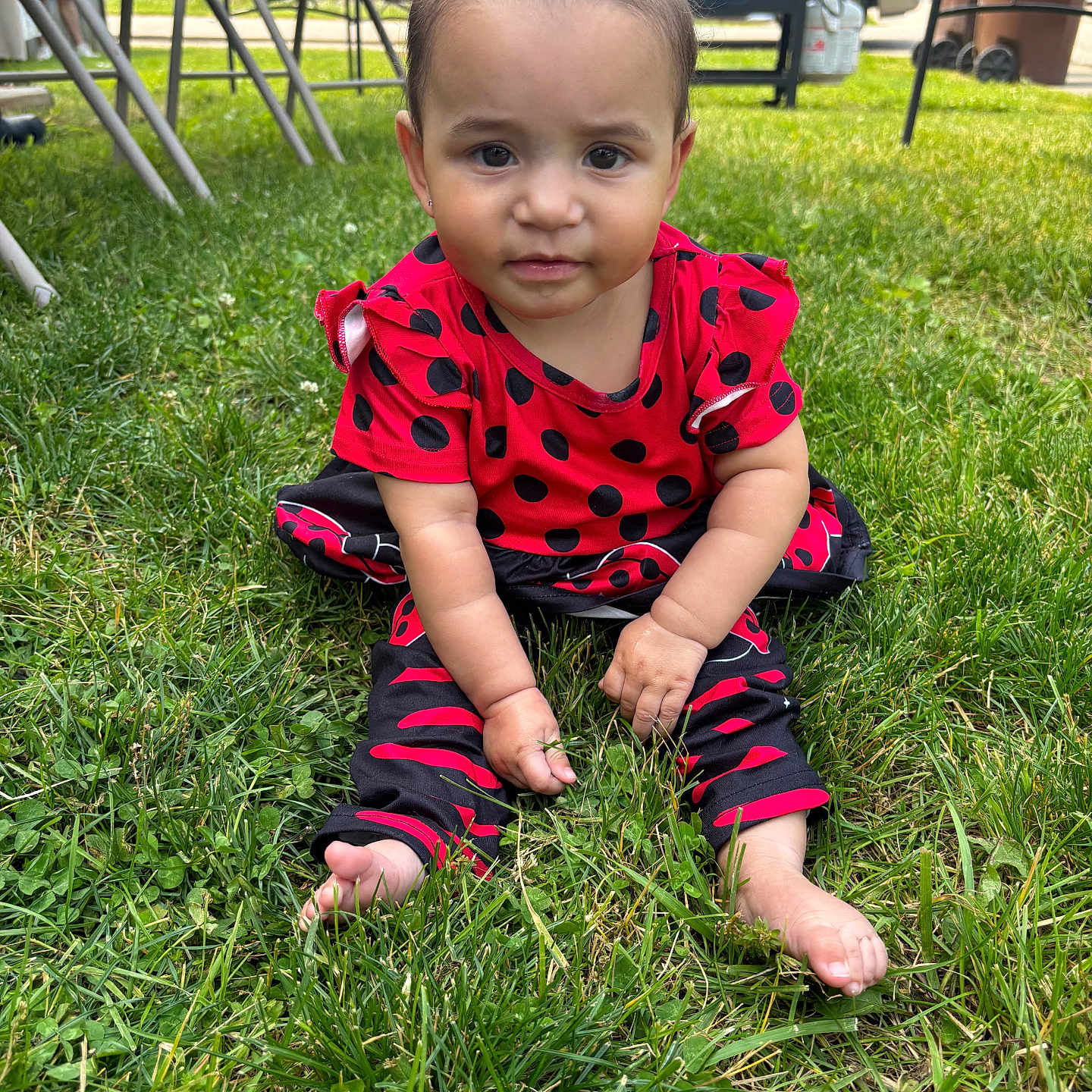 Willow is registered to the contest to win money with this photo: baby, black_clothing, casual, child, curious, cute, feet, folding_chair, gathering, grass, greenery, grill, hands, lawn, outdoor, person, polka_dot, red_clothing, sitting, summer