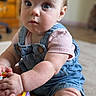 Noa joined the competition — help win amazing prizes! baby, blue_eyes, candid, child, close_up, curious, cute, denim_overalls, face, hands, indoor, infant, person, pink_shirt, play, sitting, skin, soft_light, toy, young