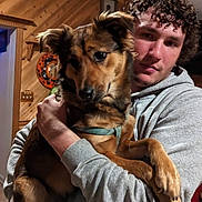 Finnabelle joined the competition — help win amazing prizes! person, dog, indoor, hoodie, curly_hair, brown_dog, pet, holding, wooden_wall, casual, portrait, calm, young_adult, medium_dog, animal, companion, home, cozy, looking, face