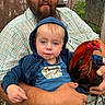 man, child, toddler, beard, hoodie, plaid_shirt, chicken, bird, animal, outdoor, fence, wood, rustic, holding, face, person, nature, farm, casual, portrait