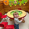 toddler, child, playroom, red_chair, wooden_wall, play_table, caterpillar_toy, curious, indoor, floor, jeans, long_sleeve, shoes, toy, furniture, young_child, looking_up, colorful, activity, casual_clothing