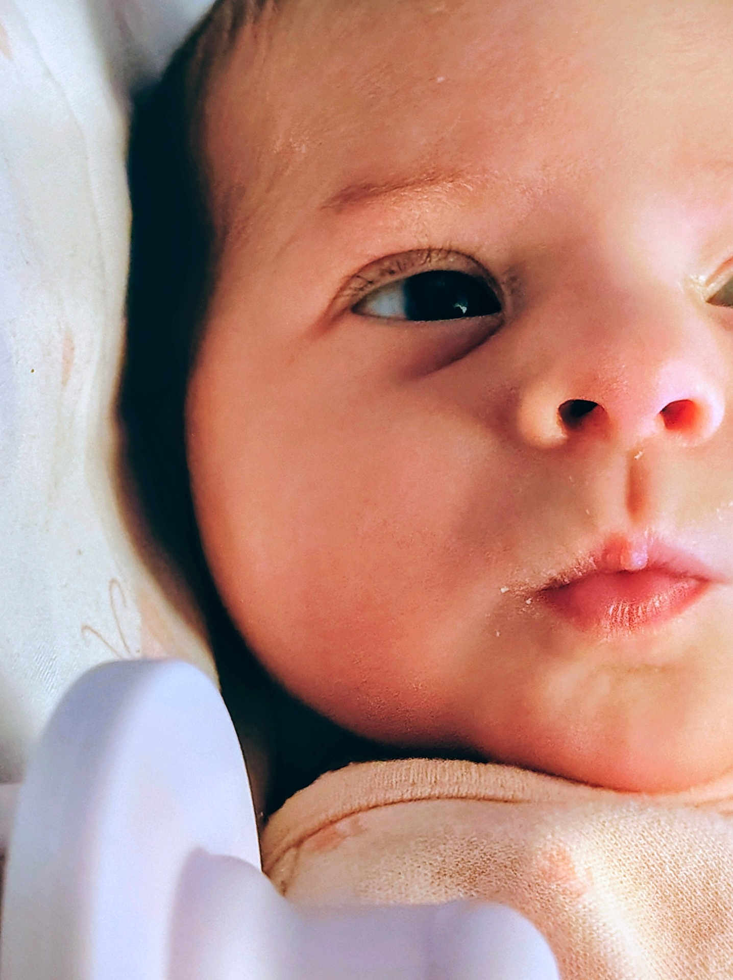 Harlie joined the competition — help win amazing prizes! baby, face, closeup, infant, skin, eyes, mouth, nose, expression, newborn, soft, clothing, blanket, indoors, portrait, cute, young, head, person, sleepwear