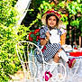 chair, checkered, child, dress, flowers, garden, girl, greenery, hat, outdoor, pearls, red_bow, red_shoes, smiling, sunlight, table, tea_party, vintage_style, white_socks, white_teapot