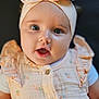 baby, infant, face, headband, bow, blue_eyes, clothing, cute, adorable, portrait, closeup, child, pink, peach, buttoned_dress, soft_texture, happy, curious, skin, young