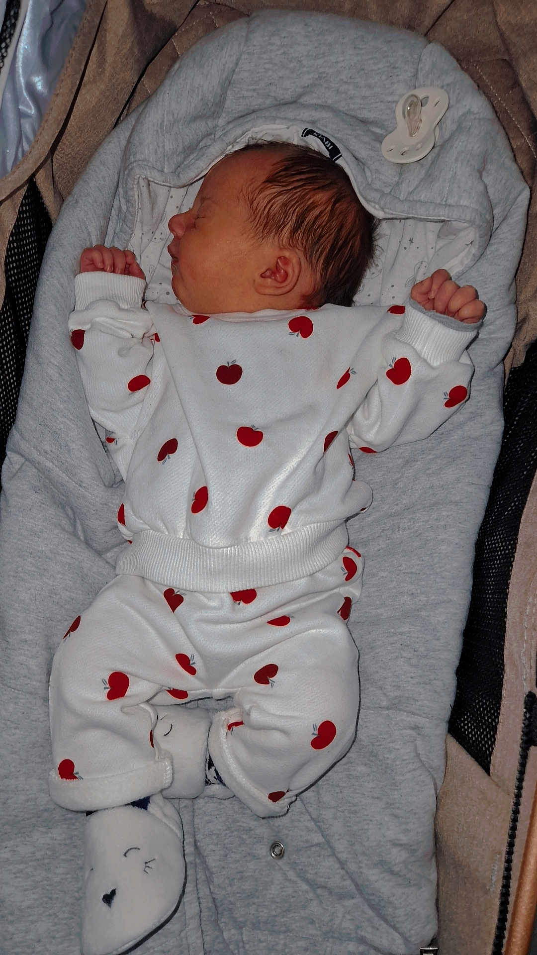 Amaya a rejoint le concours — aidez-le/la à gagner de superbes lots ! newborn, baby, sleeping, outfit, apples_pattern, blanket, pacifier, slippers, cozy, indoor, clothing, cute, infant, soft, resting, portrait, child, warm, babywear, peaceful