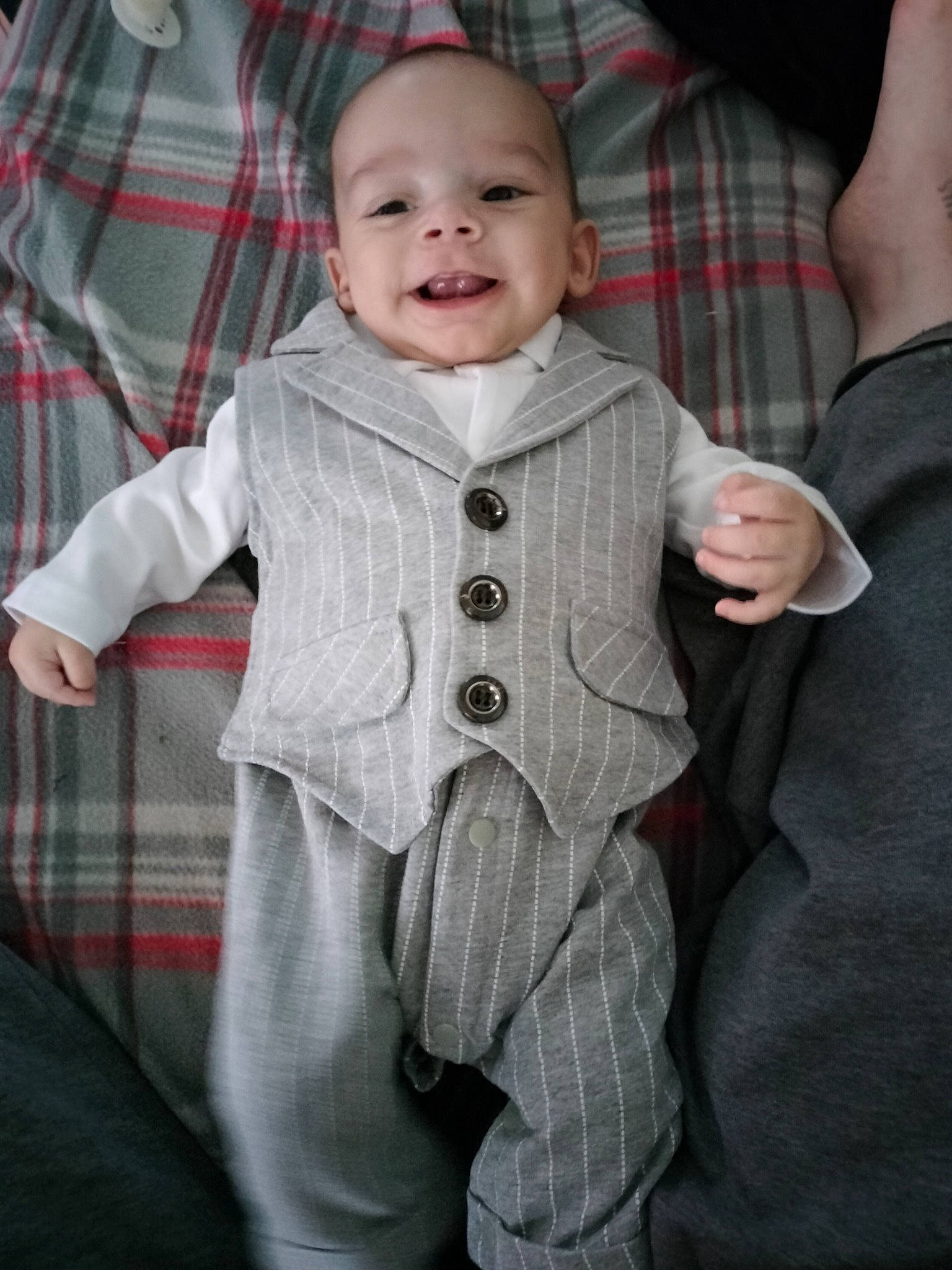 Jasper joined the competition — help win amazing prizes! baby, baby_toddler_clothing, cheek, collar, dress_shirt, eye, gesture, grey, happy, head, jacket, joy, outerwear, pattern, person, plaid, skin, sleeve, smile, tartan