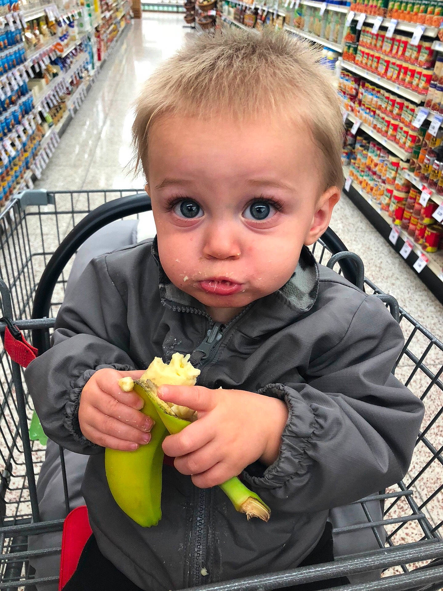 Callin is registered to the contest to win money with this photo: boy, child, fun, infant, person, product, supermarket, surprise, toddler