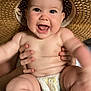 baby, child, chubby, cute, diaper, expression, face, feet, hands, happy, hat, headwear, holding, indoor, infant, person, playful, skin, smiling, straw_hat