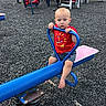 baby, child, playground, spring_rider, outdoor, park, sitting, gripping, blue_equipment, red_shirt, shorts, barefoot, playground_equipment, slide, climber, rubber_surface, grass, portrait, daylight, face