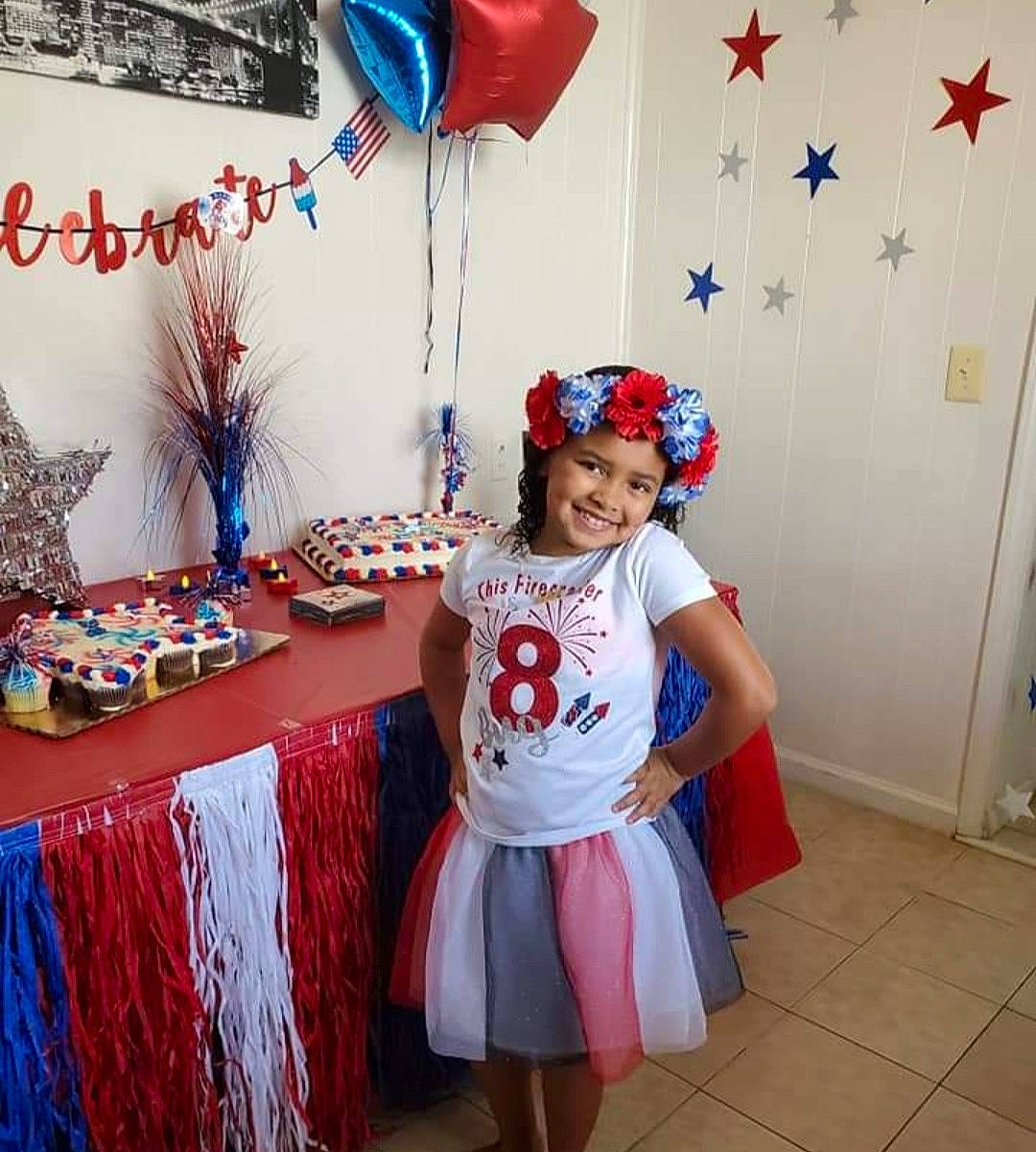 Aaliya is registered to the contest to win money with this photo: birthday_party, child, decoration, electric_blue, event, fashion_design, flag, flag_of_the_united_states, flooring, fun, happy, headwear, joy, leg, party_supply, person, red, room, smile, table