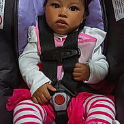 Princess joined the competition — help win amazing prizes! accessory, baby, car_seat, child, closeup, clothing, cute, face, footwear, hands, headband, indoor, person, pink, portrait, seatbelt, sitting, striped_leggings, toddler, white