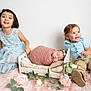 child, baby, newborn, toddler, girl, boy, smile, sleeping, dress, shirt, pants, flower, bed, blanket, rug, studio, portrait, happy, indoors, cute