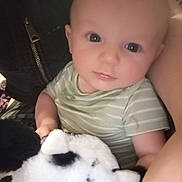 Dakota joined the competition — help win amazing prizes! baby, child, face, eyes, stuffed_animal, plush_toy, indoor, person, clothing, striped_shirt, cute, holding, soft_toy, infant, portrait, closeup, skin, head, young_child, candid