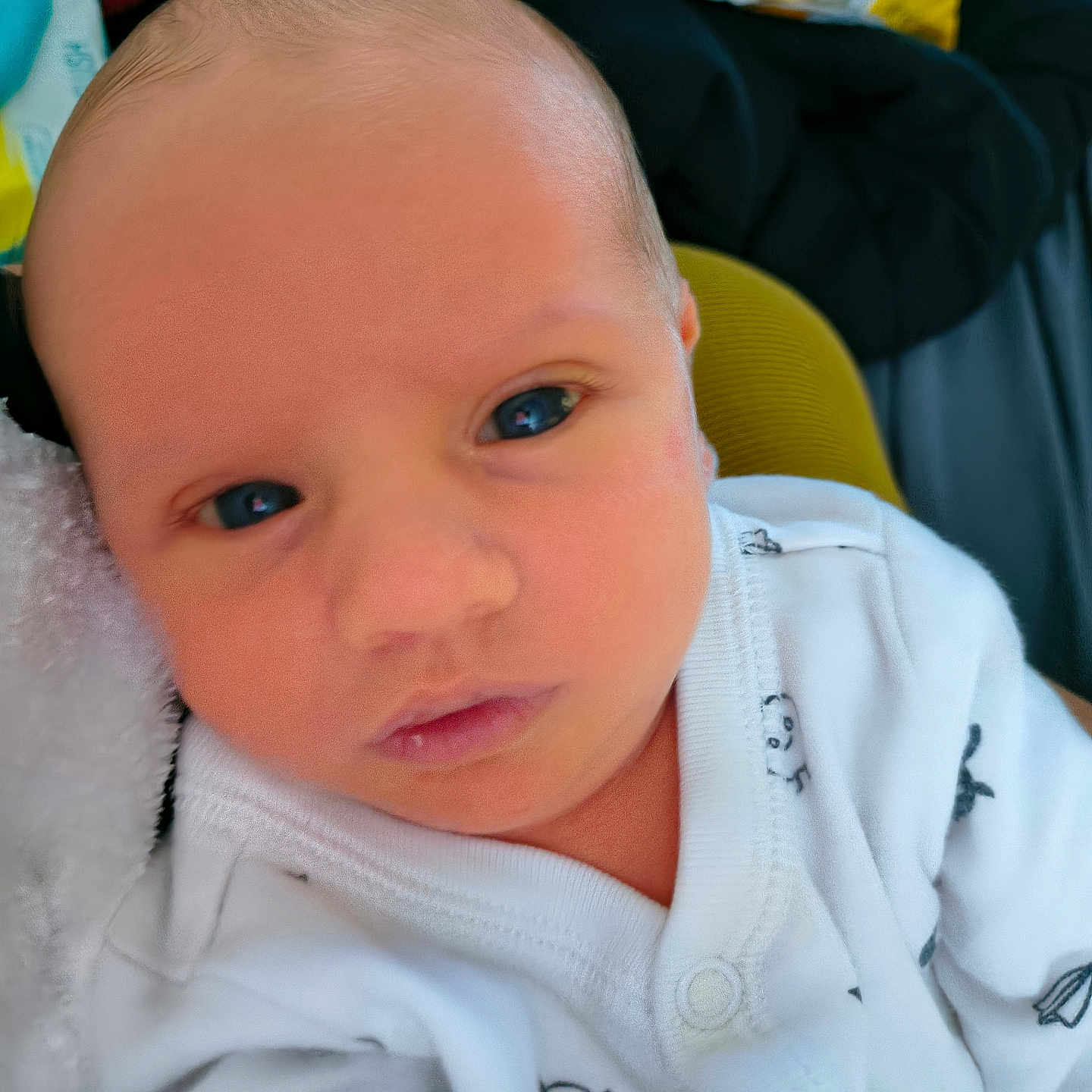 Damian joined the competition — help win amazing prizes! baby, closeup, clothing, cute, expression, eyes, face, head, indoor, infant, newborn, newborn_baby, onesie, penguin_pattern, person, portrait, skin, small, soft_texture, white