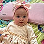 Evelyn joined the competition — help win amazing prizes! baby, infant, headband, bow, dress, teddy_bear_pattern, bedspread, floral_pattern, butterfly_pattern, pink, cushion, lying_down, cute, portrait, child, indoor, soft_lighting, closeup, adorable, expression