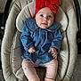 Evelyn joined the competition — help win amazing prizes! baby, infant, child, denim_shirt, red_bow, headband, baby_seat, cushion, pink_leggings, socks, indoor, carpet, cute, portrait, person, smiling, comfortable, clothing, furniture, young