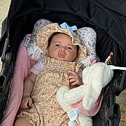 Kaylee joined the competition — help win amazing prizes! baby, infant, stroller, stuffed_animal, bunny, hat, romper, pink_blanket, cushion, outdoor, child, cute, portrait, clothing, toy, person, baby_girl, face, baby_hat, soft_toy