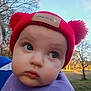 baby, child, hat, red_hat, pom_poms, blue_eyes, purple_clothing, outdoor, nature, trees, sky, curious_expression, close_up, face, cute, infant, person, portrait, winter_clothing, young_child
