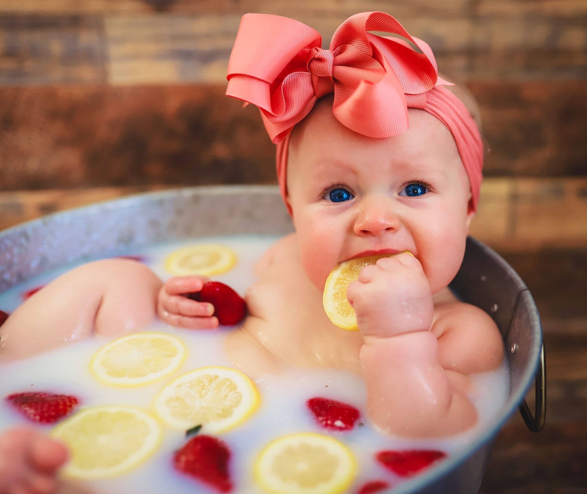 Baylee joined the competition — help win amazing prizes! arm, baby, baby_bathing, baby_toddler_clothing, bathing, cheek, child, dishware, finger, food, fruit, fun, hand, happy, leisure, person, pink, skin, sweetness, tableware