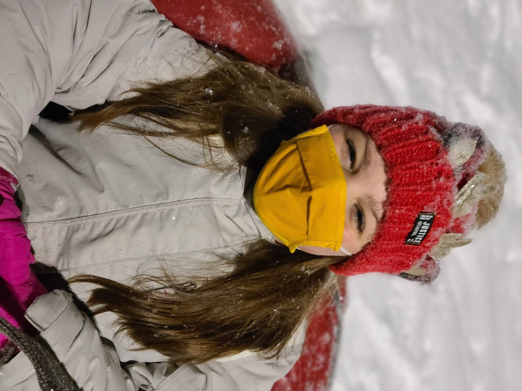 Lorelai is registered to the contest to win money with this photo: event, eyewear, freezing, fun, fur, glove, happy, headgear, mammal, organ, outerwear, person, personal_protective_equipment, recreation, snow, sports_gear, street_fashion, textile, tree, vertebrate