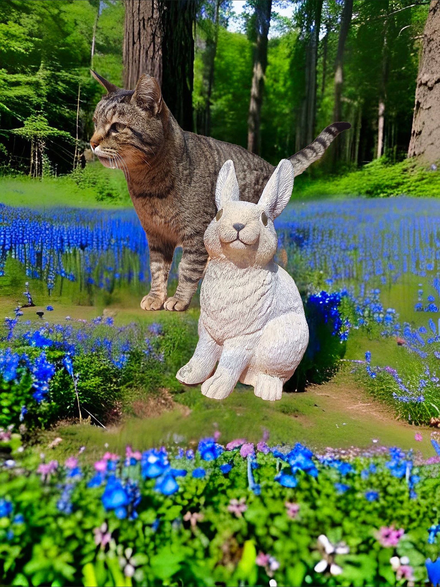 Miaulette a rejoint le concours — aidez-le/la à gagner de superbes lots ! blue, botany, fawn, flower, grass, grass_family, green, groundcover, hare, mammal, natural_landscape, people_in_nature, plant, rabbit, sculpture, shrub, tree, vegetation, vertebrate, wood