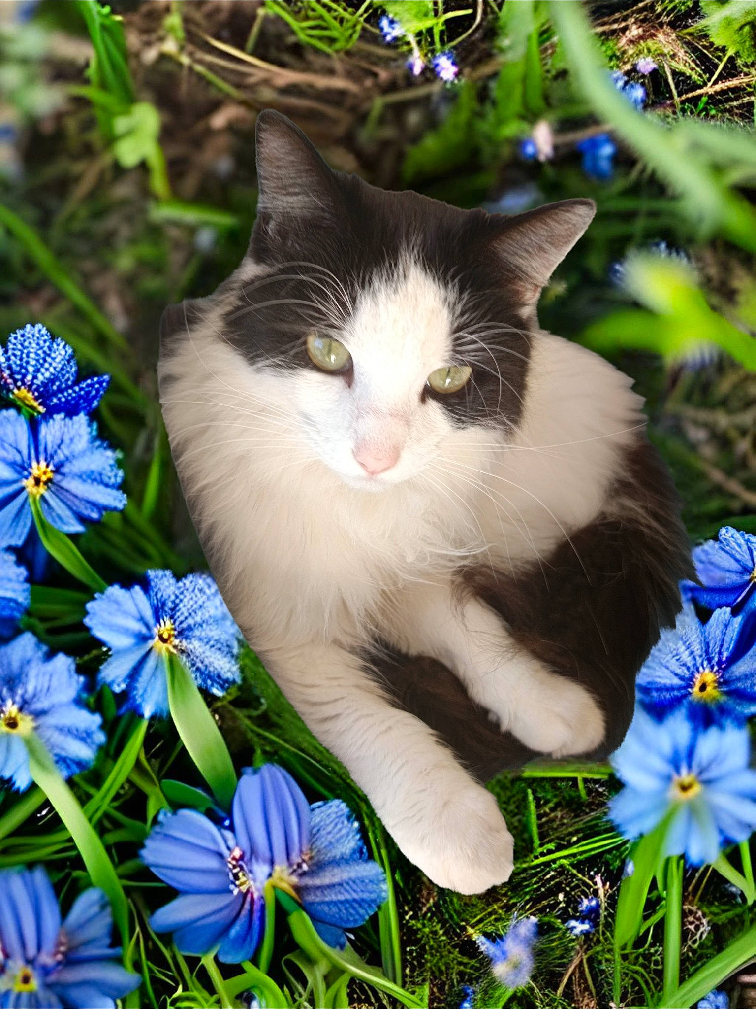 Milla a rejoint le concours — aidez-le/la à gagner de superbes lots ! annual_plant, blue, botany, carnivore, cat, electric_blue, felidae, flower, flowering_plant, grass, groundcover, happy, herbaceous_plant, lawn, meadow, petal, plant, small_to_medium_sized_cats, whiskers, white
