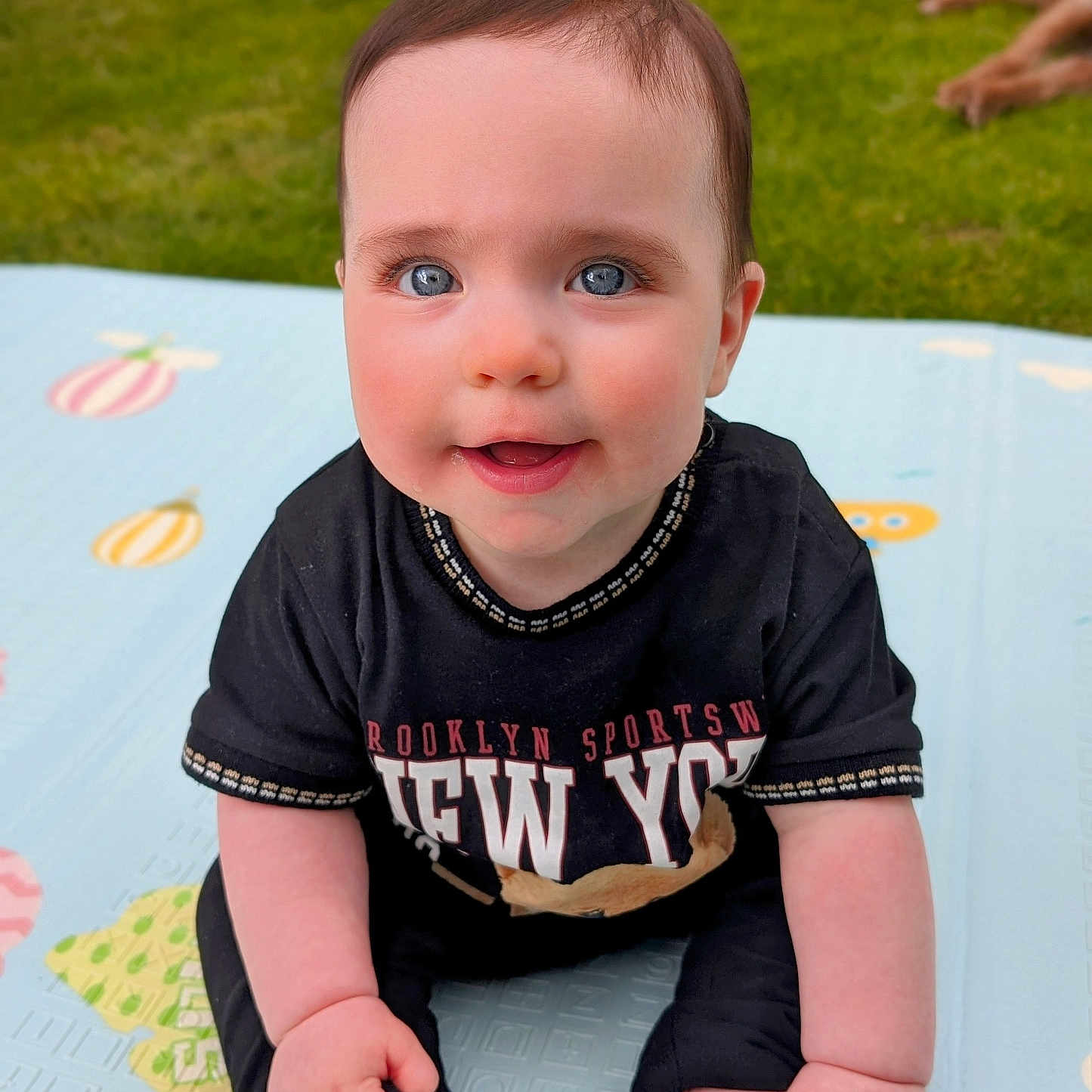 Emilia joined the competition — help win amazing prizes! animal, baby, bodypart, canine, clothing, crawling, dog, face, finger, grass, hand, head, pants, person, pet, photography, plant, portrait, sitting, t_shirt