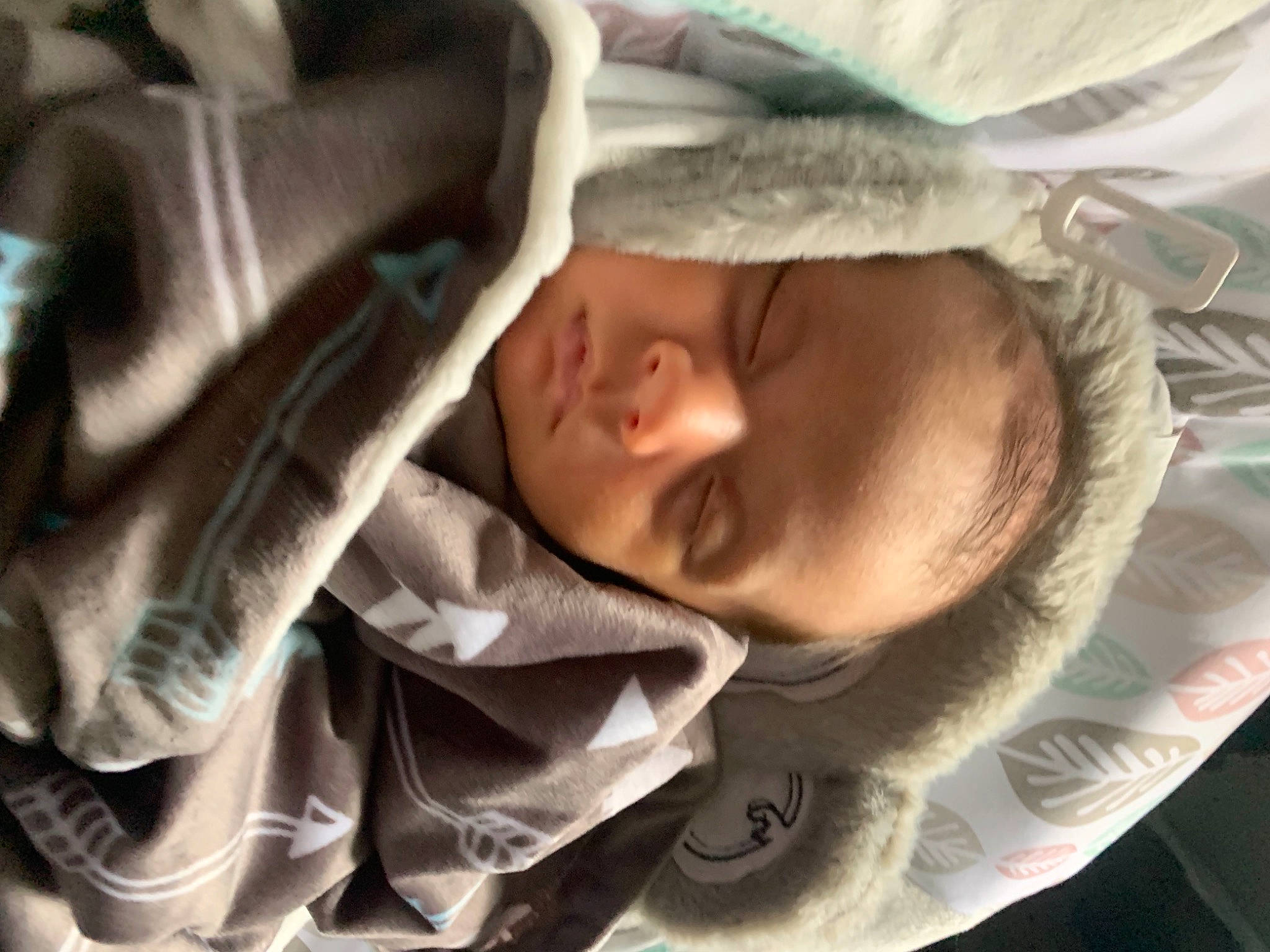 Bo is registered to the contest to win money with this photo: baby, baby_products, baby_toddler_clothing, bedding, bedtime, blanket, child, comfort, fur, grey, linens, nap, person, room, sleep, smile, textile, toddler, tree