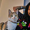 Symon joined the competition — help win amazing prizes! beard, bell, bracelet, calico_cat, cat, close_up, collar, colorful, curious, dreadlocks, green_eyes, indoor, person, pet, portrait, relaxed, shirt, sofa, tattoo, whiskers