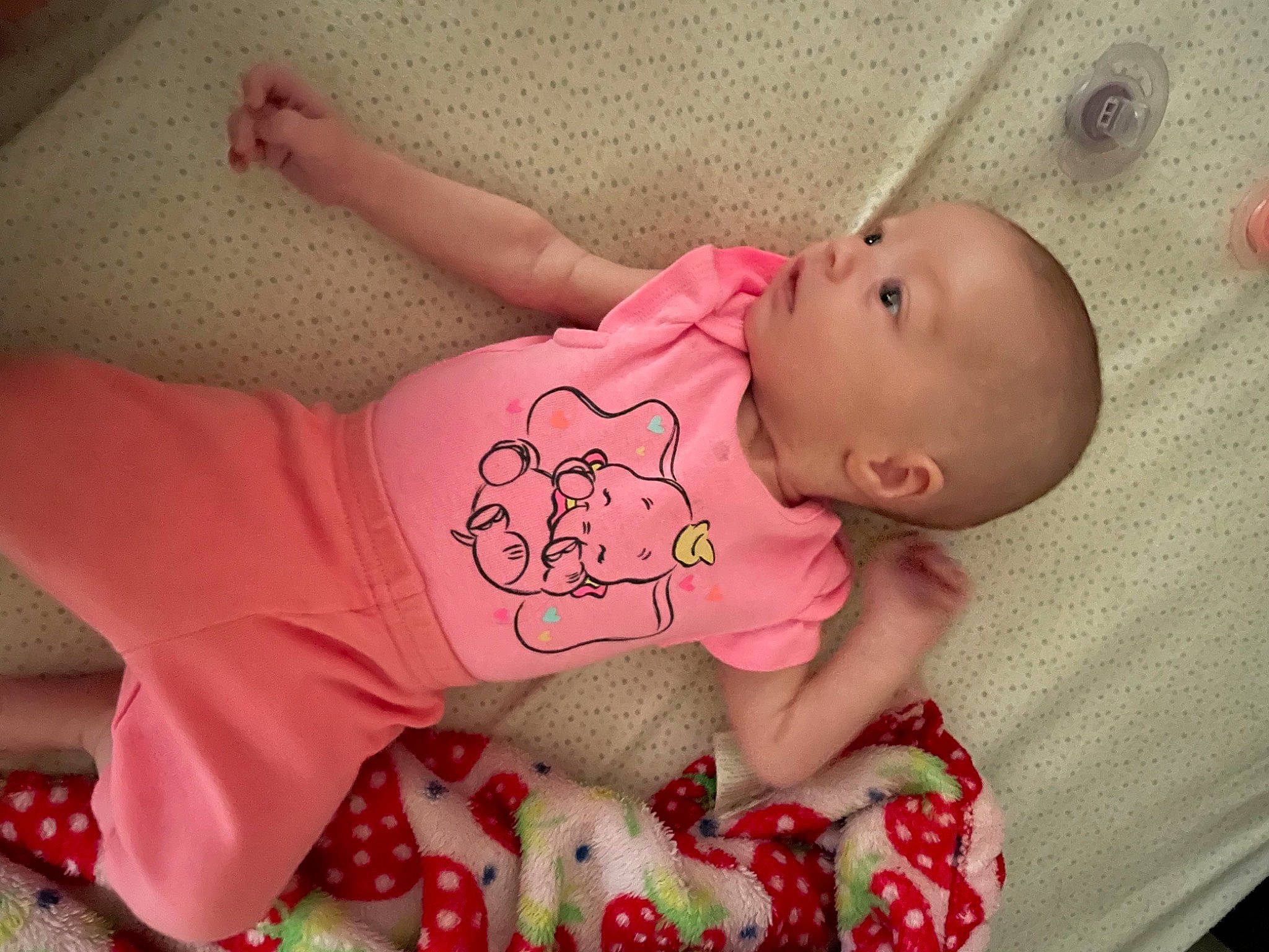 Jessica is registered to the contest to win money with this photo: arm, baby, baby_products, baby_sleeping, baby_toddler_clothing, bed, cheek, child, comfort, finger, happy, head, human_body, linens, mammal, person, pink, skin, sleeve, textile