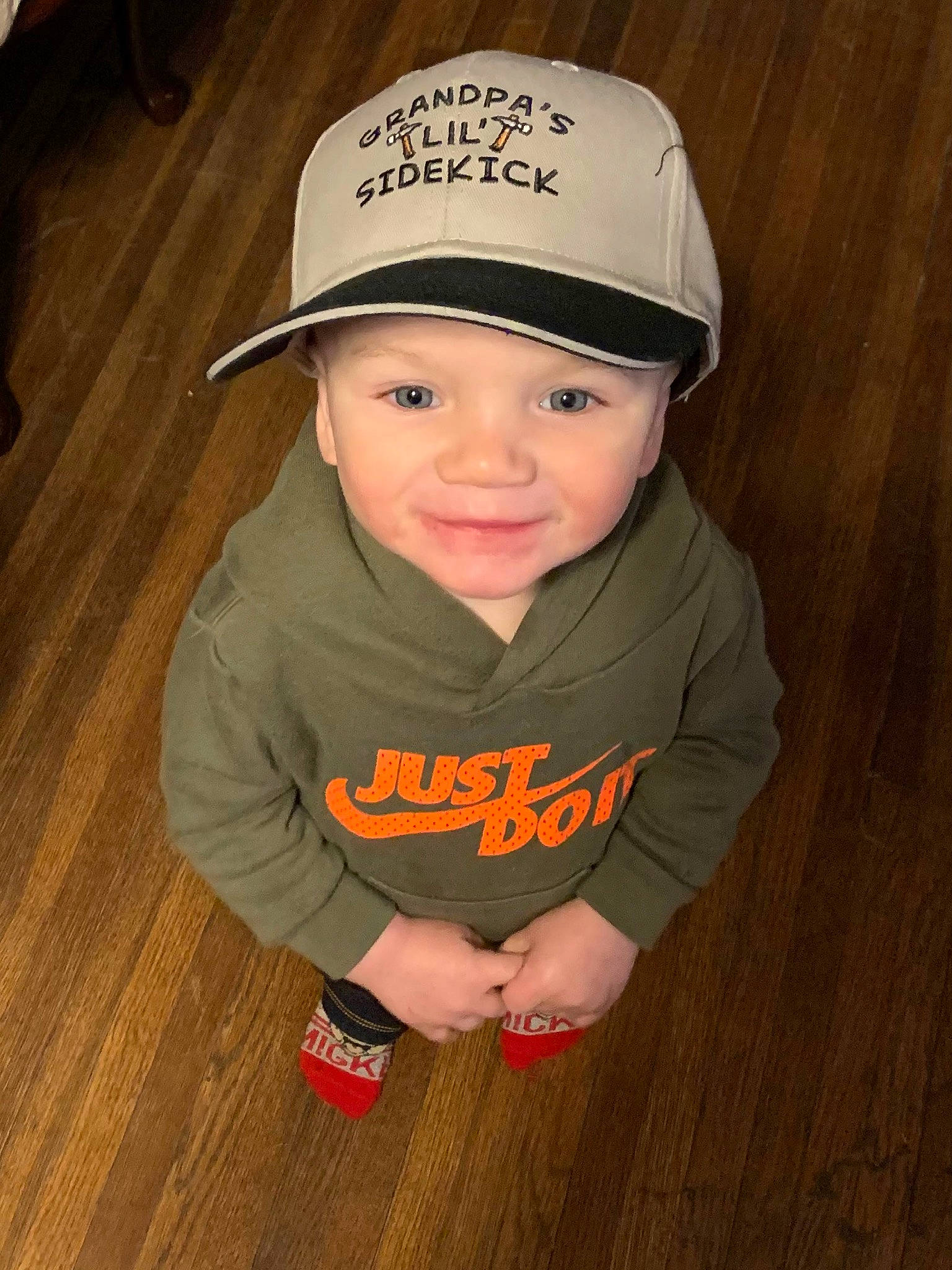 Clark joined the competition — help win amazing prizes! baby, baby_toddler_clothing, baseball_cap, cap, cheek, chin, eye, flash_photography, floor, flooring, happy, hardwood, head, headgear, headwear, joy, person, skin, sleeve, smile