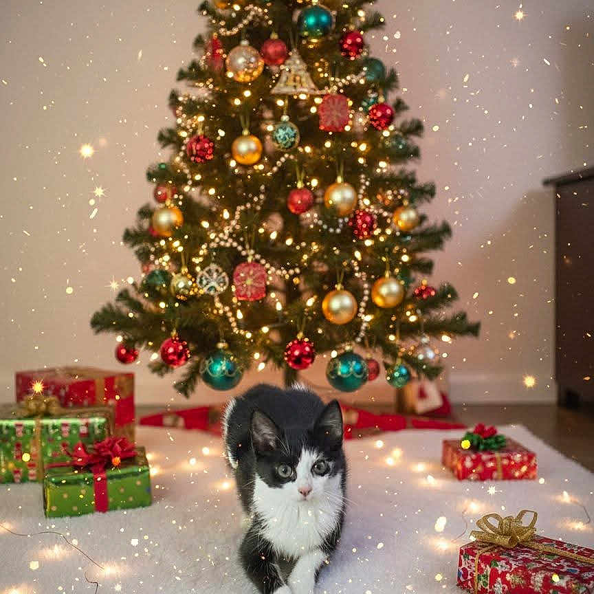 Luna a rejoint le concours — aidez-le/la à gagner de superbes lots ! animal, black_and_white_cat, cat, celebration, christmas_tree, cute, decorations, festive, floor, gift_boxes, holiday, home, indoor, lights, ornaments, pet, presents, rug, seasonal, sparkles