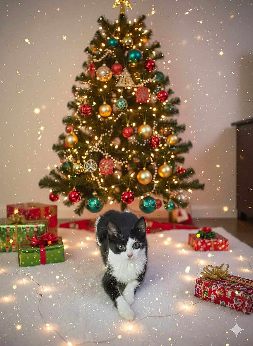 Luna a rejoint le concours — aidez-le/la à gagner de superbes lots ! cat, christmas_tree, ornaments, presents, holiday, lights, decorations, black_and_white_cat, rug, indoor, festive, celebration, gift_boxes, sparkles, floor, home, seasonal, cute, pet, animal
