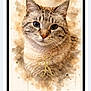 cat, watercolor, portrait, art, painting, animal, feline, brown, beige, background, framed, illustration, whiskers, ears, face, closeup, decor, artwork, soft_colors, letter_k