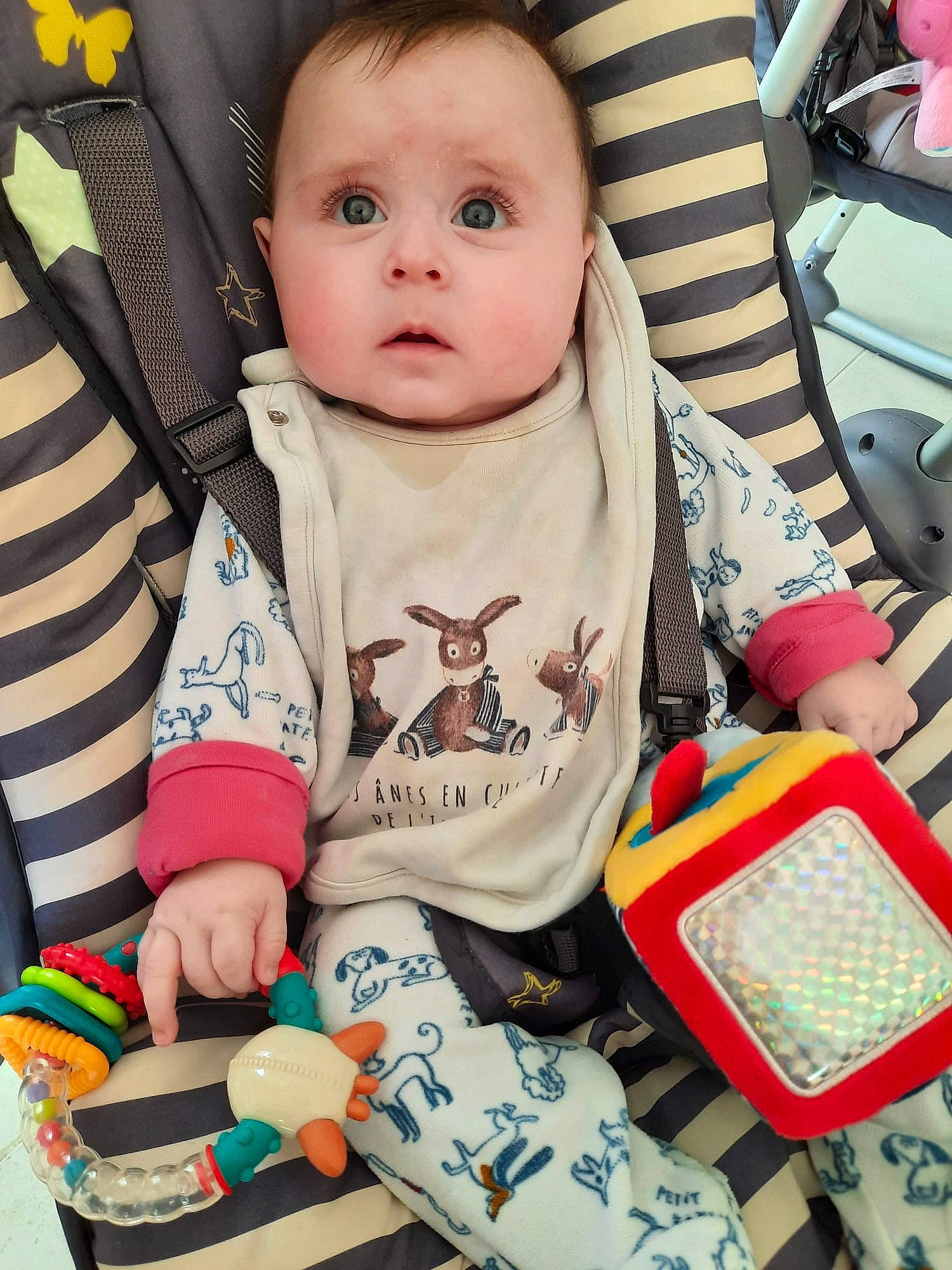 Alice participe au concours pour gagner de l'argent avec cette photo : baby, baby_carriage, baby_products, baby_toddler_clothing, bib, car_seat, carmine, cheek, child, comfort, eyelash, fashion_accessory, happy, pattern, person, product, sitting, sleeve, surprise, t_shirt