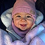 adorable, baby, baby_blanket, blanket, child, closeup, cozy, cute, face, happy, headwear, infant, knitwear, pink_hat, portrait, smiling, soft_texture, warm, warm_clothing, wrapped