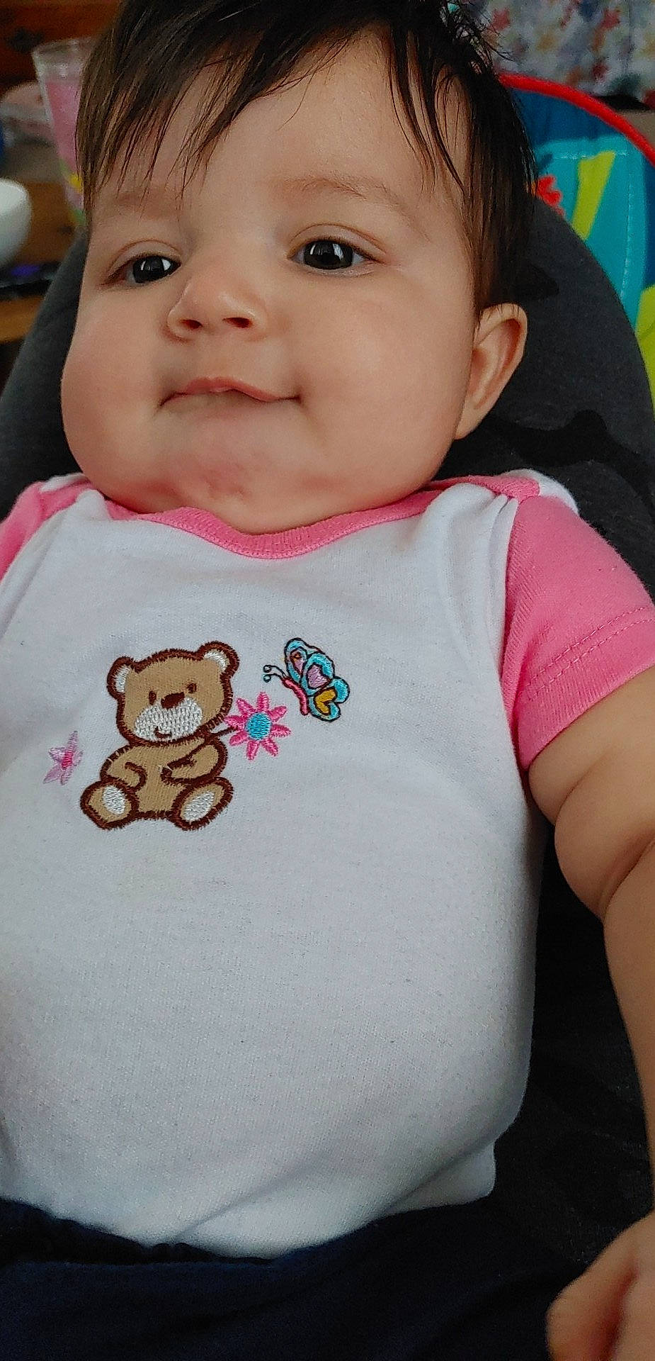 Delilah joined the competition — help win amazing prizes! arm, baby, baby_toddler_clothing, cheek, clothing, eye, face, facial_expression, hairstyle, happy, head, lip, neck, nose, organ, person, pink, skin, sleeve, smile